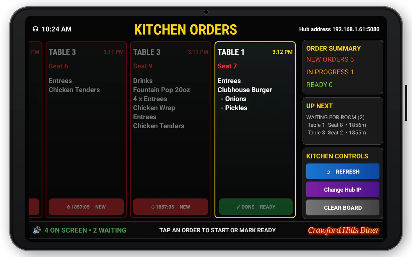 Kitchen Orders screen inside an 11-inch tablet