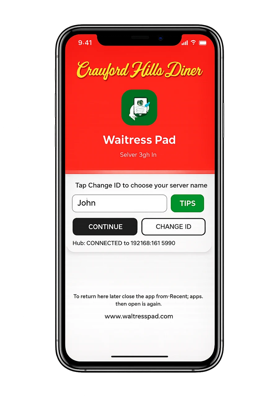 Waitress Pad server sign-in screen