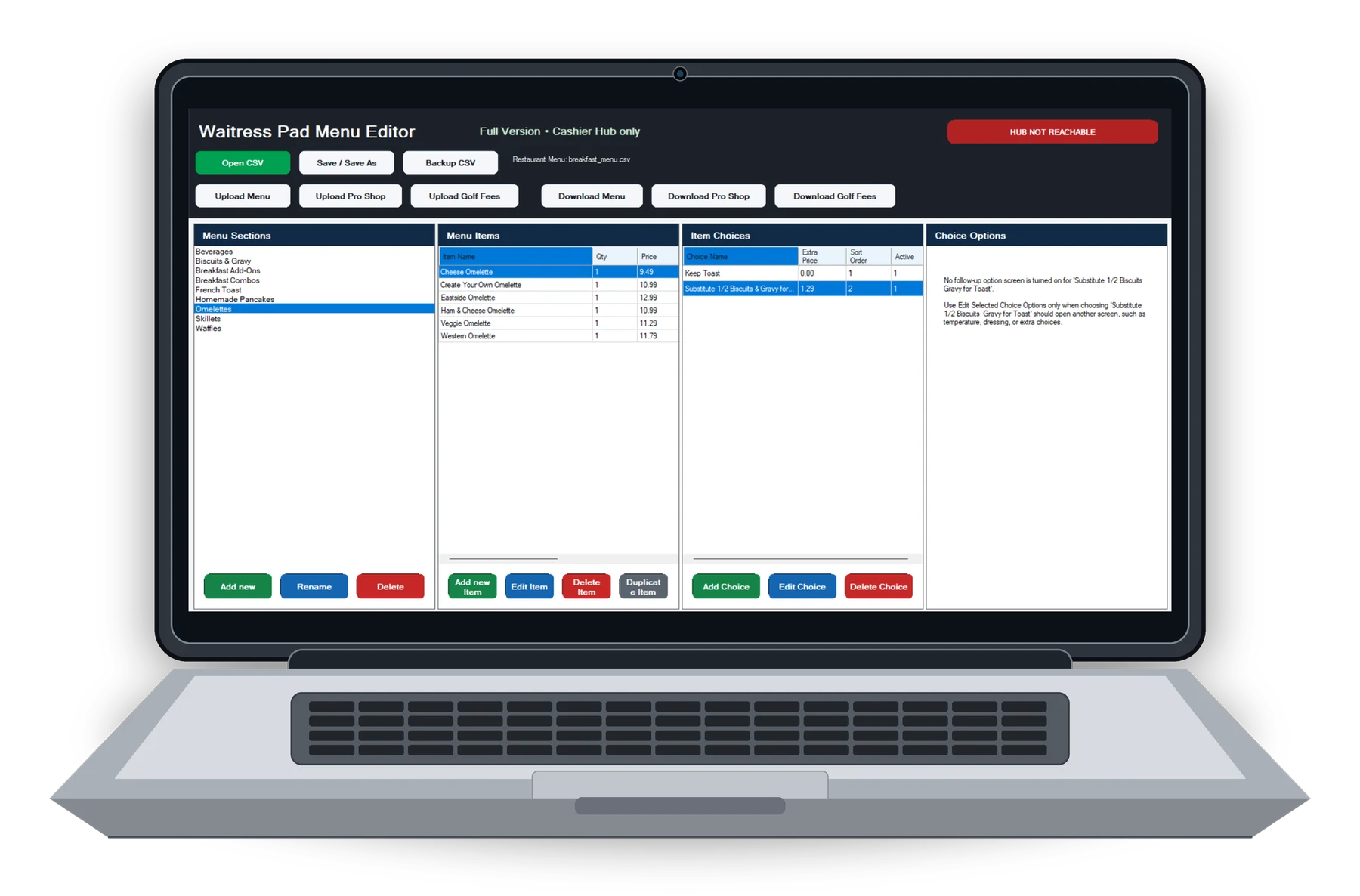 Waitress Pad Windows Menu Editor inside a laptop shell with a transparent background